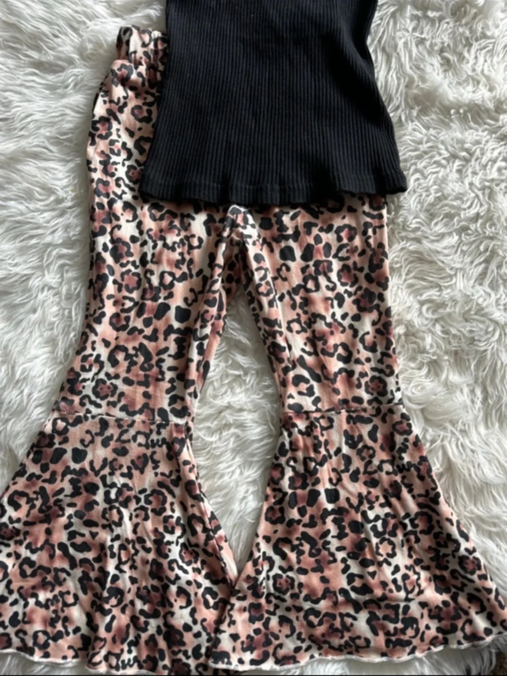SHEIN Black Ruffle Tank with Pink Leopard Bell-Bottom Set